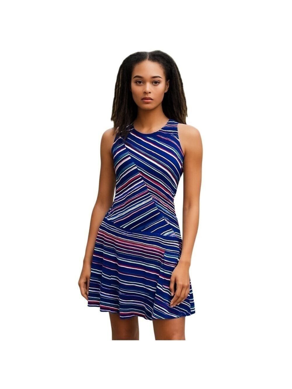Le Lis Blanc mini dress sleeveless asymmetrical stripe linen lined size 40
